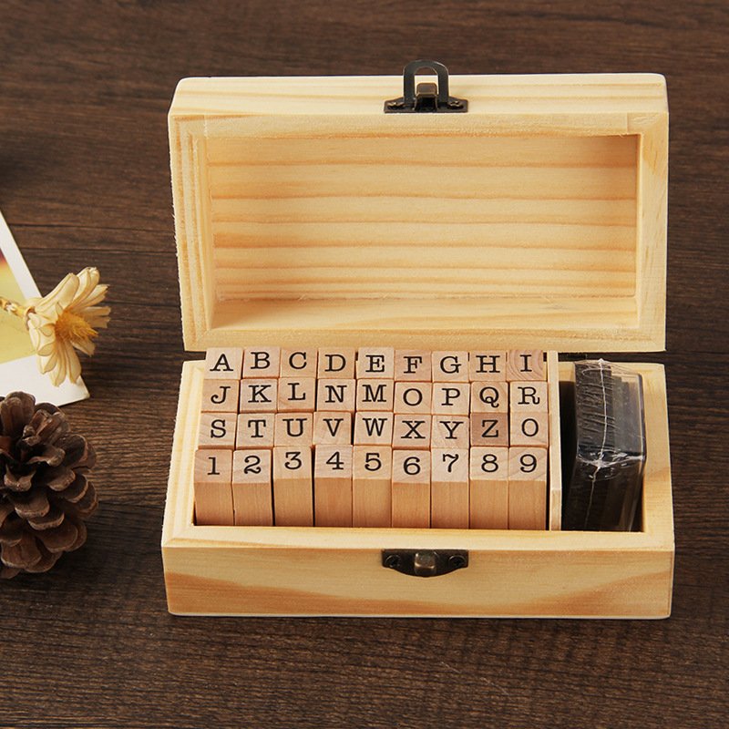 Creative Stationery Retro Alphabet English Number Letter Wooden Box DIY Decorative Stamp