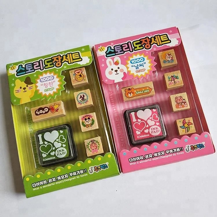 Square mini wooden rubber stamp set for kids gifts with ink pad wooden stamp toy