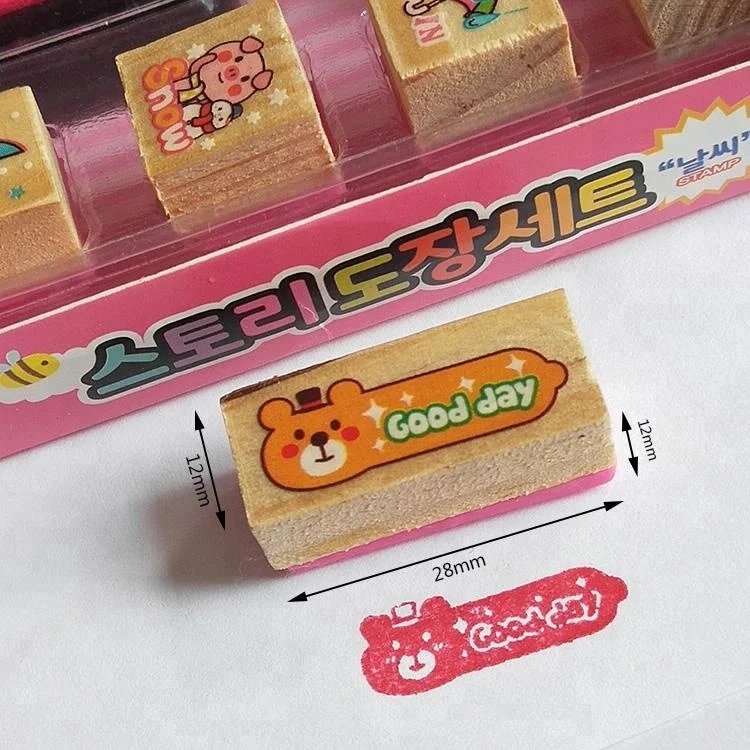 Square mini wooden rubber stamp set for kids gifts with ink pad wooden stamp toy