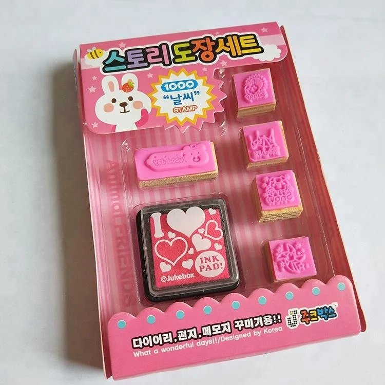 Square mini wooden rubber stamp set for kids gifts with ink pad wooden stamp toy