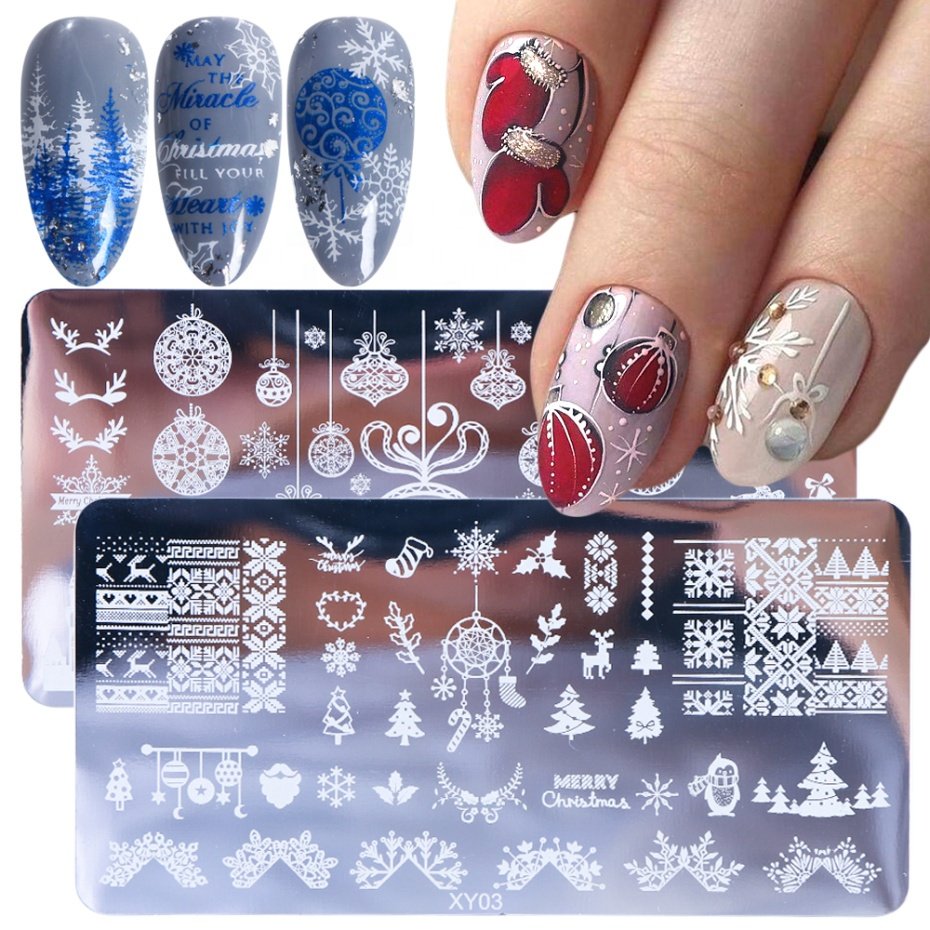 2020 Christmas Nail Art Template Snowflowers Leaf Geometric Wave Image Plate Stencil Nail Stamping Plates