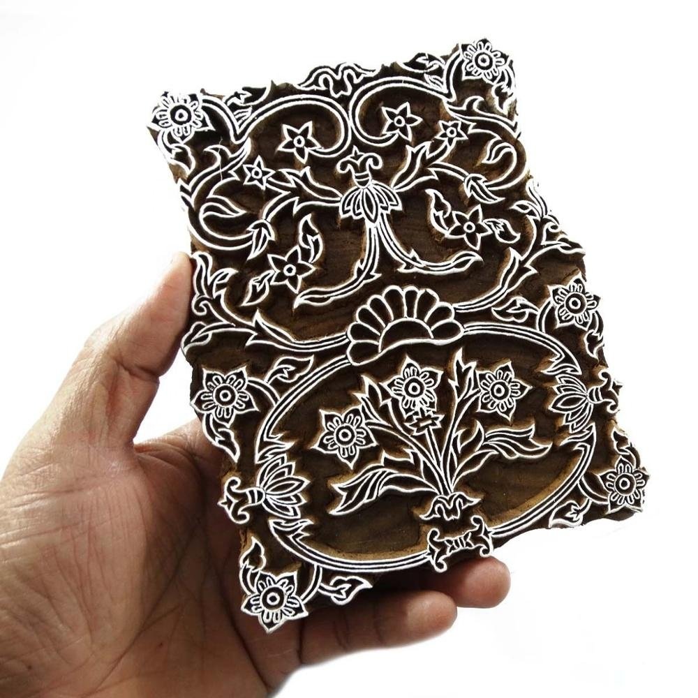 Hand Carved Floral Design Wooden Block On Sari Fabric Stamp