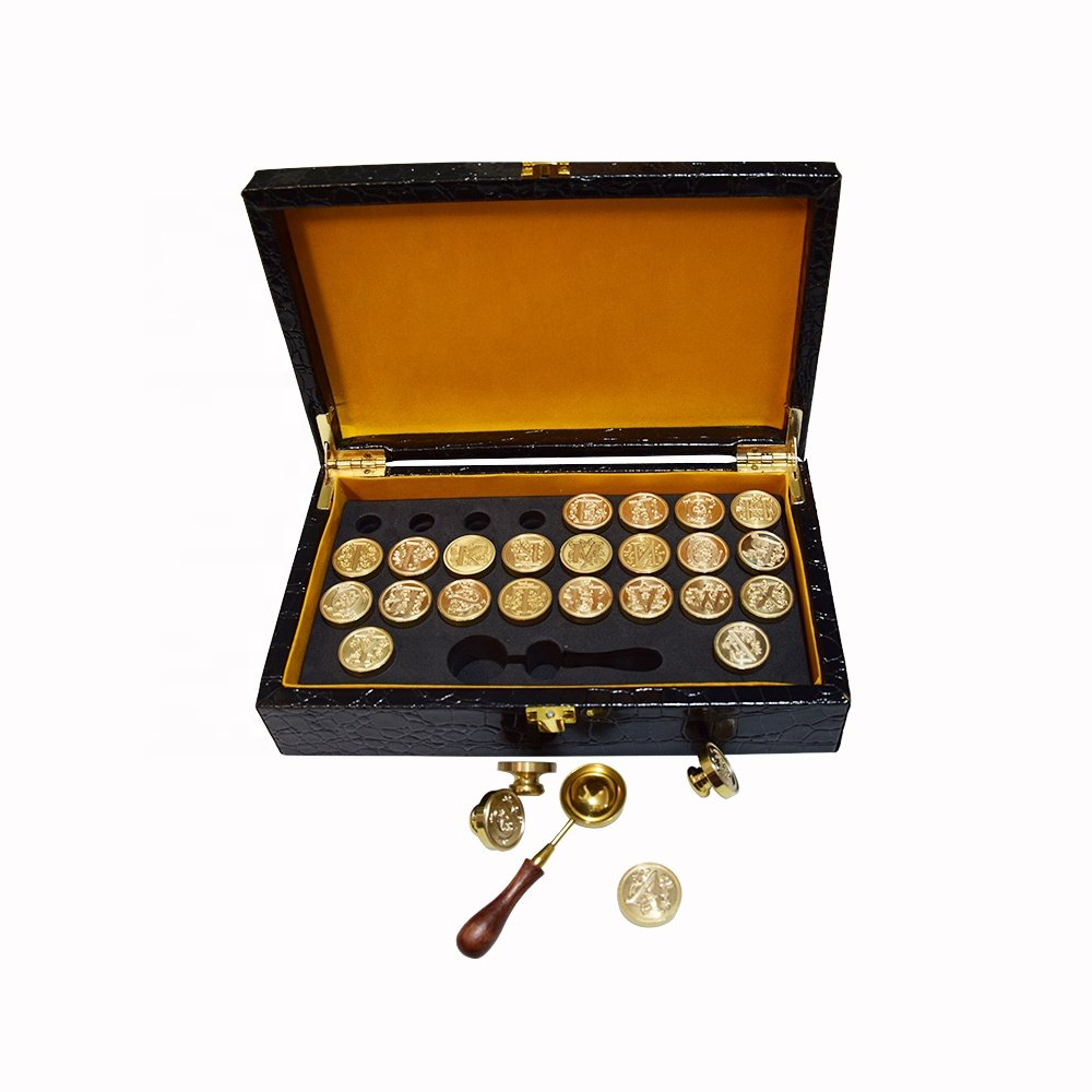 Elegant leather box wax seal alphabet letter stamp set for wedding invitation envelope sealing