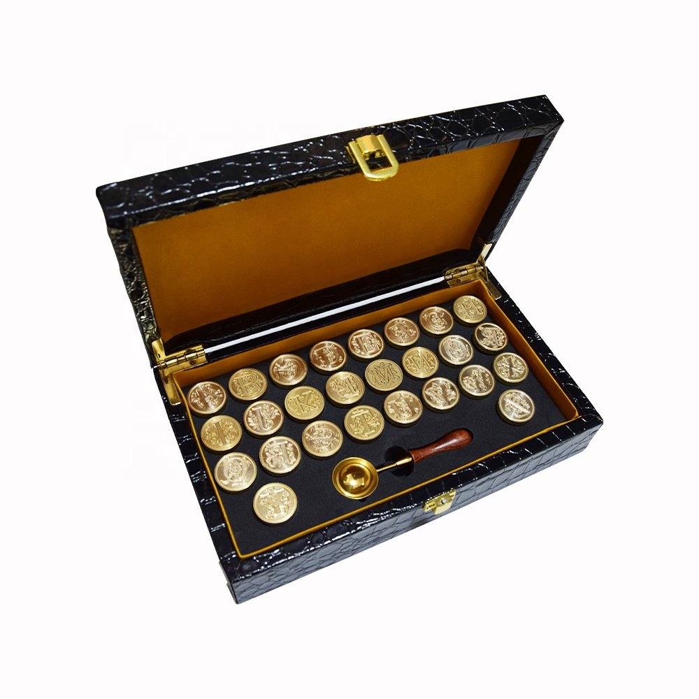 Elegant leather box wax seal alphabet letter stamp set for wedding invitation envelope sealing