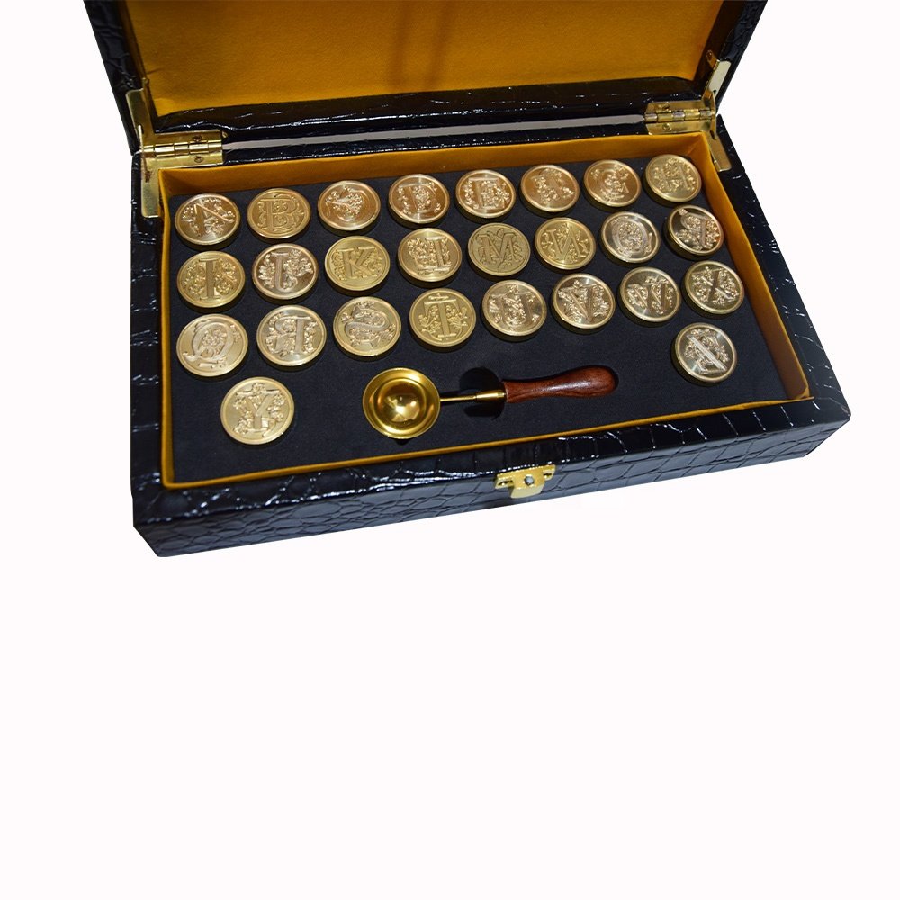 Elegant leather box wax seal alphabet letter stamp set for wedding invitation envelope sealing