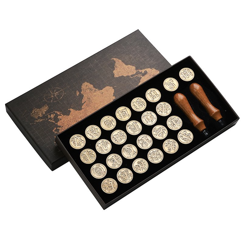 (Large) Map Copper Head Gift Box Optional Image Customization 26 Seal Head Wooden Handle Wax Seal Stamp Set
