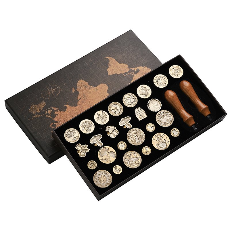 (Large) Map Copper Head Gift Box Optional Image Customization 26 Seal Head Wooden Handle Wax Seal Stamp Set