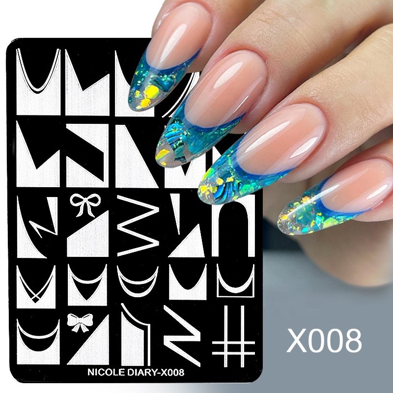 NICOLE DIARY New Original Design X-Series Stainless Steel French Nail Template Nail Art Stamping Plates for Wholesale