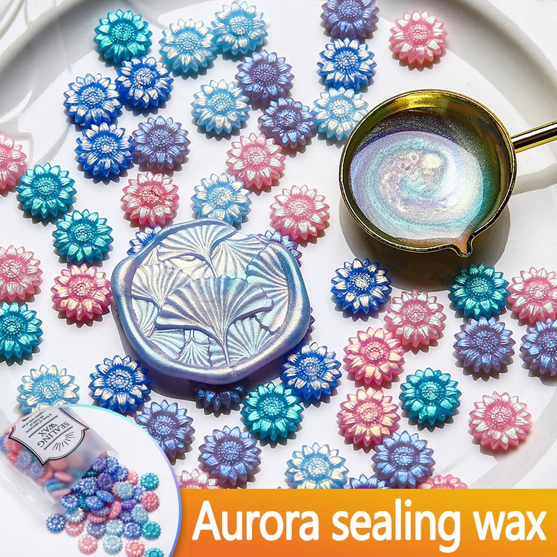 Stamp material Aurora sealing wax beads Gold powder discoloration Sunflower shape Color palette Gift Packaging Manual DIY