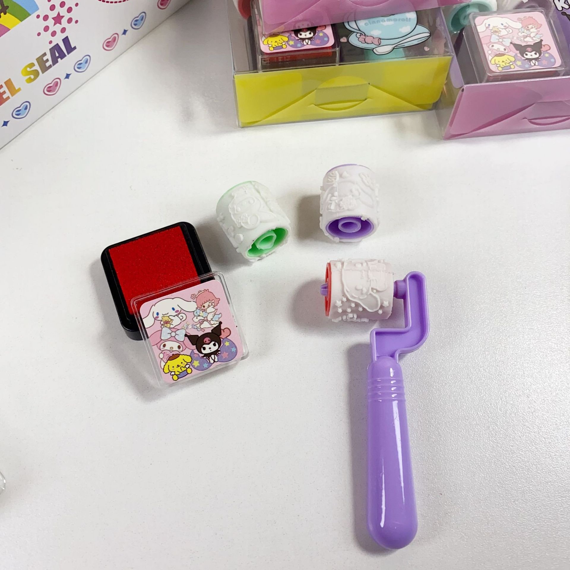 Yubon 18pcs/box Cartoon Sanrioed Roller Stamp Seals Kuromi Hello Kt Children Self Inking Rolling Stamp Toy Handle Wheel Seal