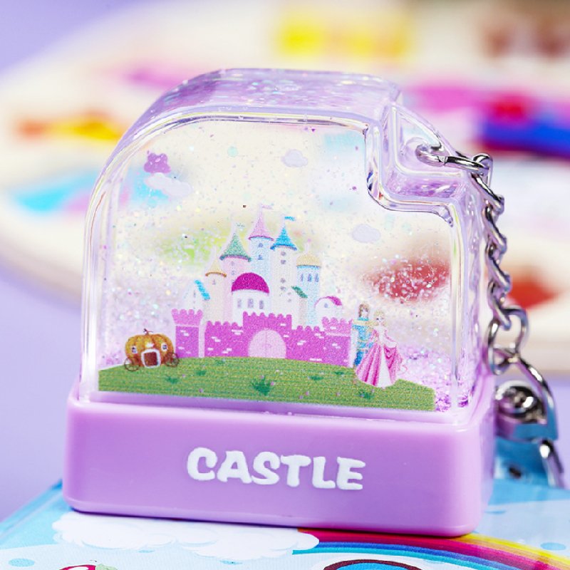 New Designed Blue Pink Purple Yellow Quick Sand Flash Toy Stamp Water World Stamps with Key Chain