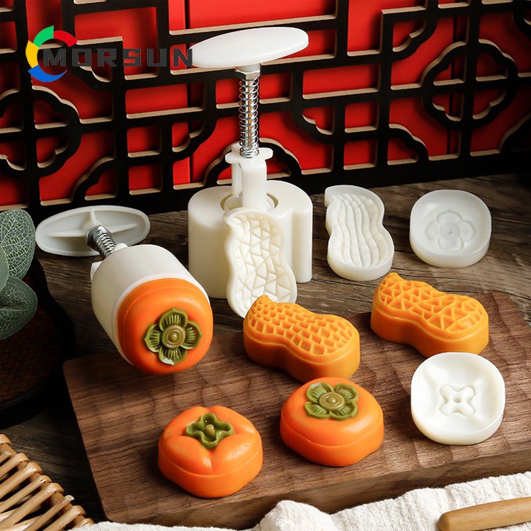 MorSun 50g Hand Press Mooncake Stamps Pastry Tool Plastic Moon Cake Maker with Persimmon/Peanut Shapes Pattern Pieces