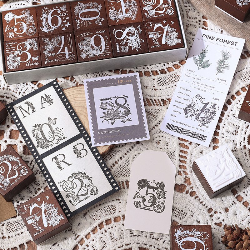 10pcs/27pcs in Flower Swept Shadow Beechwood Stamps Alphabet Handbook Cross Country Vintage Wooden Digital