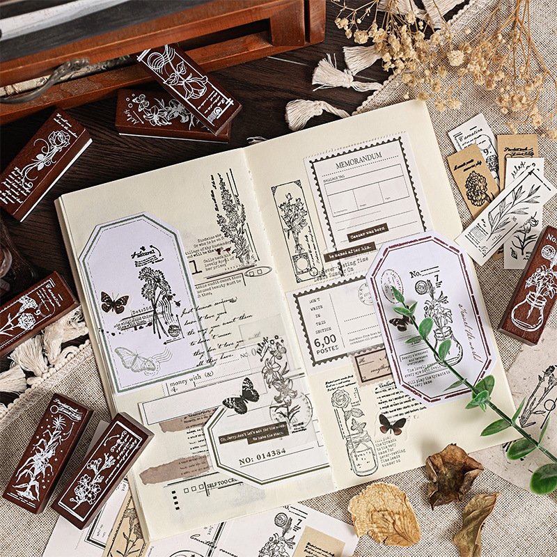 8 pcs combination vintage plant wood stamp set for scrapbooking diy journaling