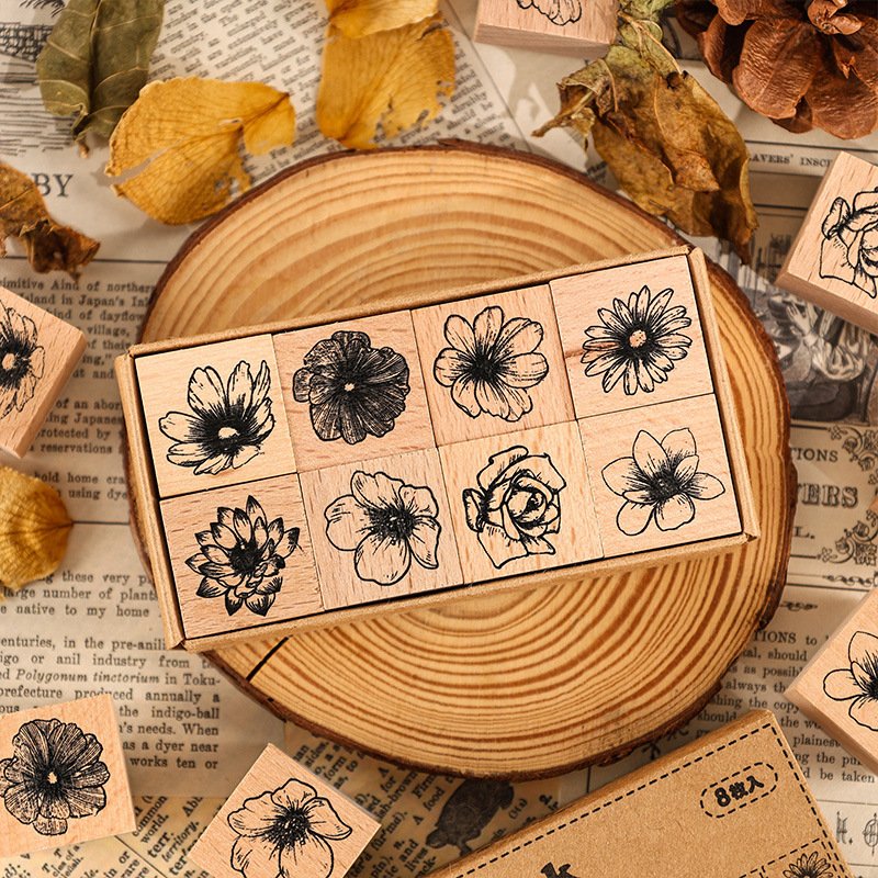 Wholesale creative retro plant hand account rubber diary DIY decorative printing floral wooden stamp seal set