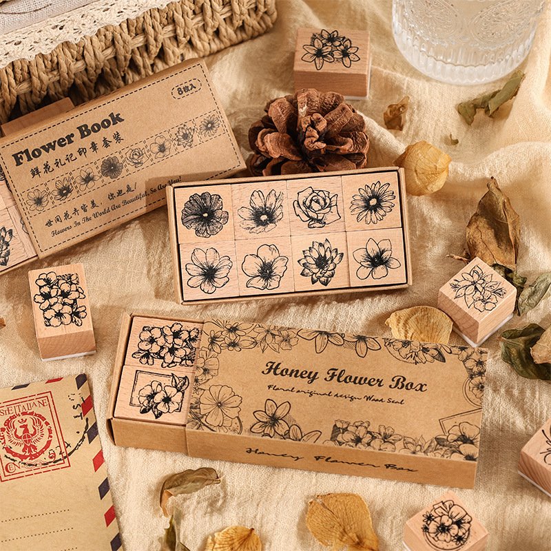 Wholesale creative retro plant hand account rubber diary DIY decorative printing floral wooden stamp seal set