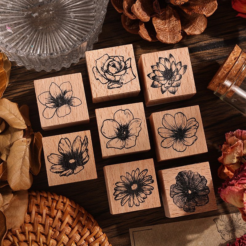 Wholesale creative retro plant hand account rubber diary DIY decorative printing floral wooden stamp seal set