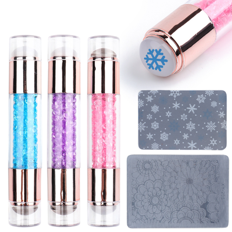 Acrylic Crystal Manicure Art Stampers Silicone Stamp Pens Nail Stamping Plates Double Headed Manicure Stamp Transfer Pen