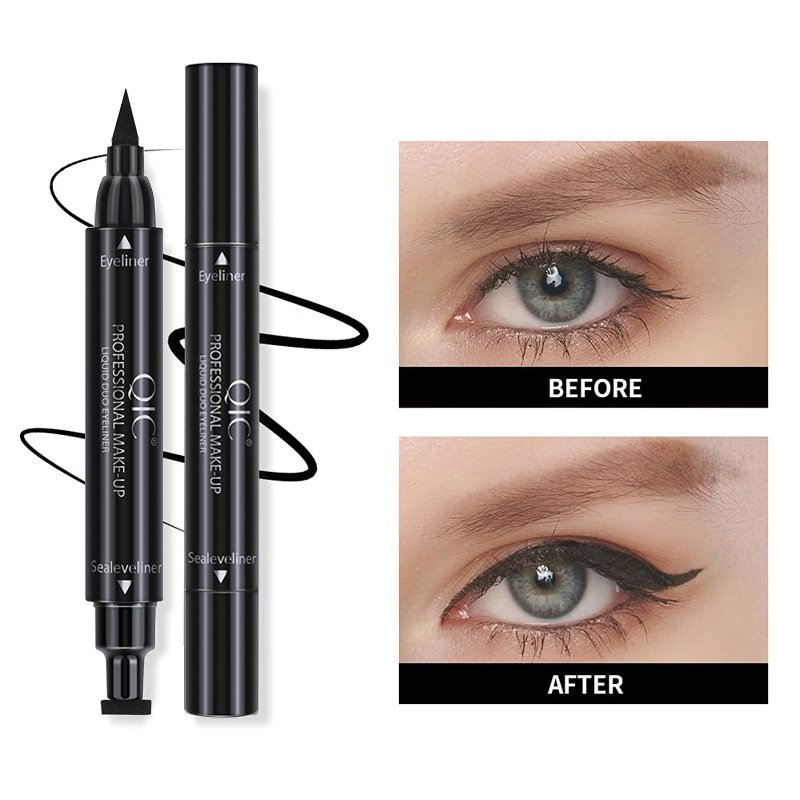 Wholesale Gel Eyeliner Stamp Pen 2 In 1 Custom Logo Smooth Black Eyes Makeup Waterproof Double Head Liquid Eyeliner Set