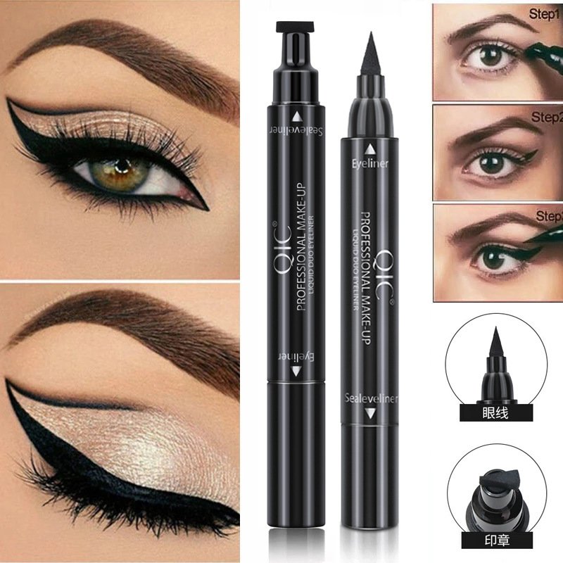 Wholesale Gel Eyeliner Stamp Pen 2 In 1 Custom Logo Smooth Black Eyes Makeup Waterproof Double Head Liquid Eyeliner Set