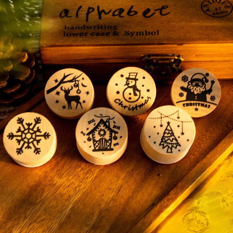 6pcs per piece Christmas Stamps Santa Claus Snowflake Deer Merry Christmas Wooden Stamps DIY Decoration Stamps