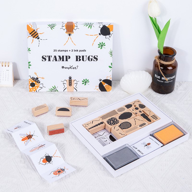 25pcs Wooden Insect Stamp Kids Sensory Toy Natural Rubber Stamps For Children