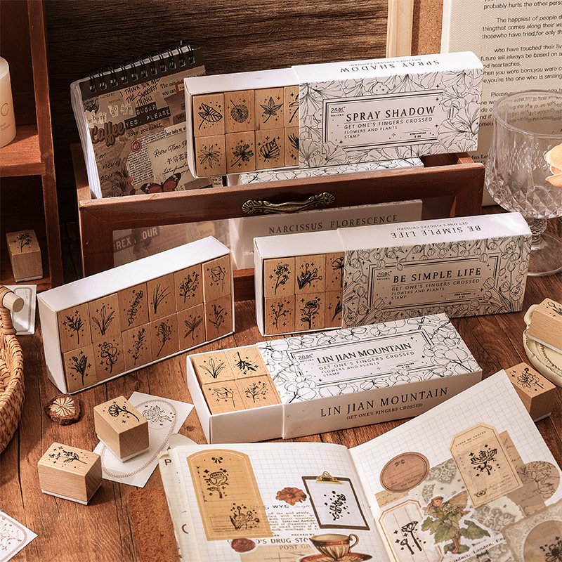 Wholesale creative retro plant flower rubber diary DIY decorative printing floral wooden stamp seal set