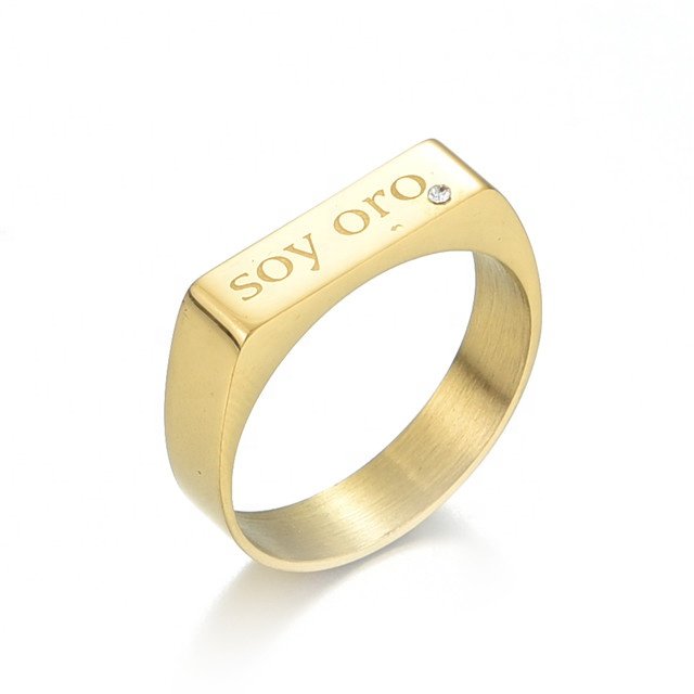 Yiwu Aceon Stainless Steel Narrow Flat Bar At Top Custom Logo Stamped With Stone Gold Personalized Rectangle Bar Ring