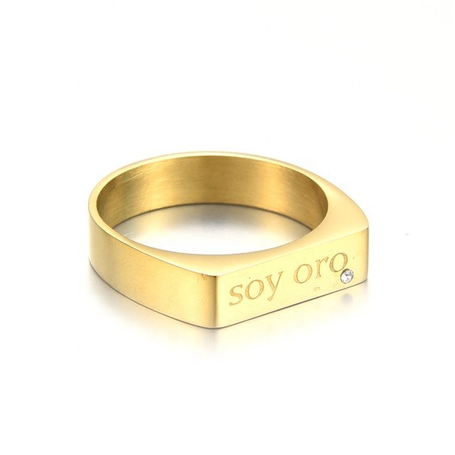 Yiwu Aceon Stainless Steel Narrow Flat Bar At Top Custom Logo Stamped With Stone Gold Personalized Rectangle Bar Ring