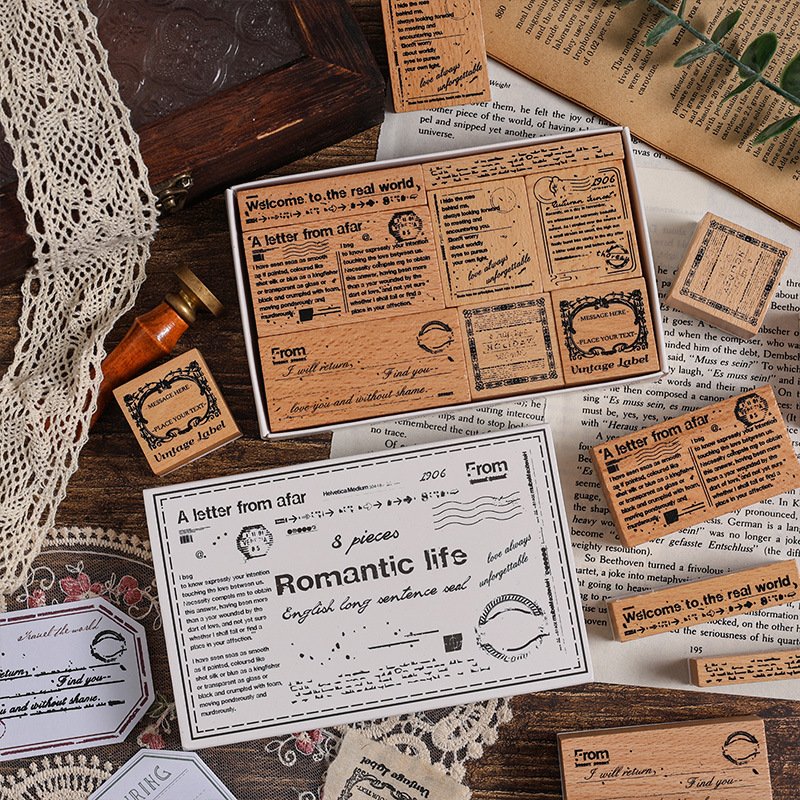 Wholesale creative retro English rubber diary DIY decorative wooden stamp seal set