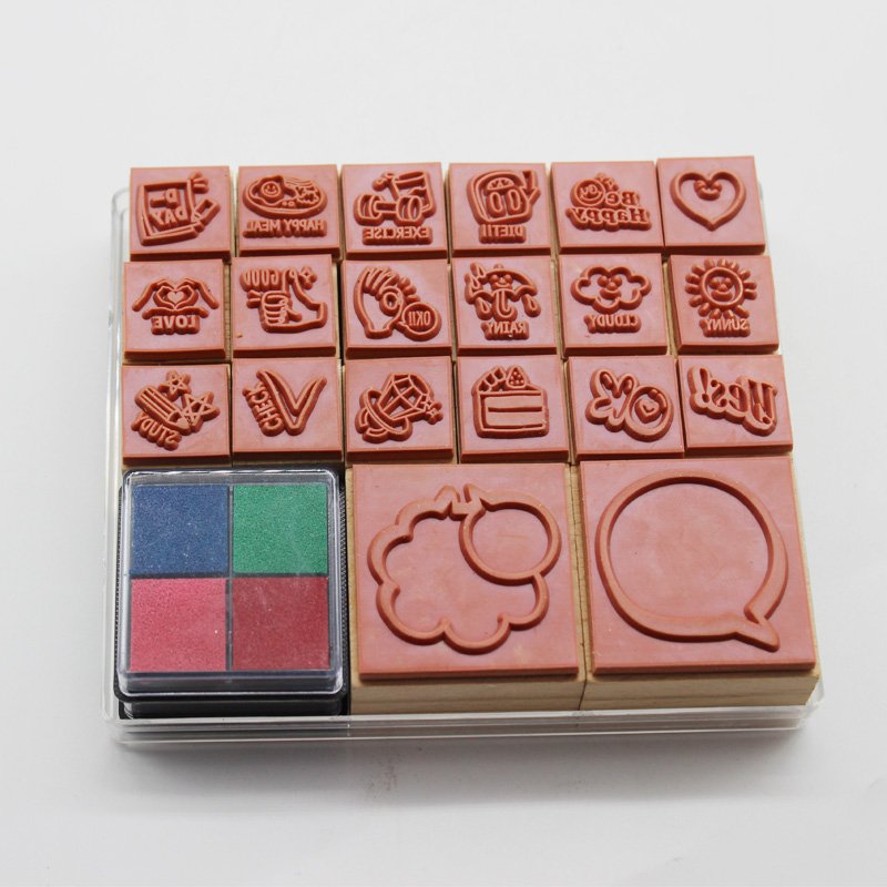 Weather and happy Stamps Wooden Stamp Set With 4+1 Colors Ink Pads for Girls and Boys Gift