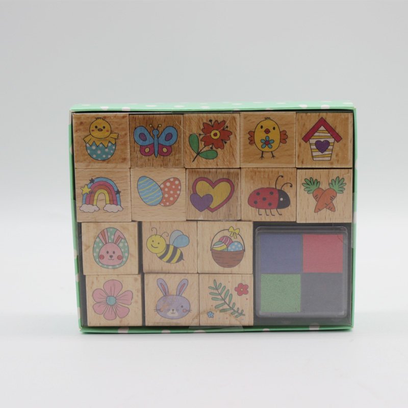 Weather and happy Stamps Wooden Stamp Set With 4+1 Colors Ink Pads for Girls and Boys Gift