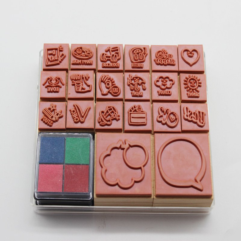 Weather and happy Stamps Wooden Stamp Set With 4+1 Colors Ink Pads for Girls and Boys Gift