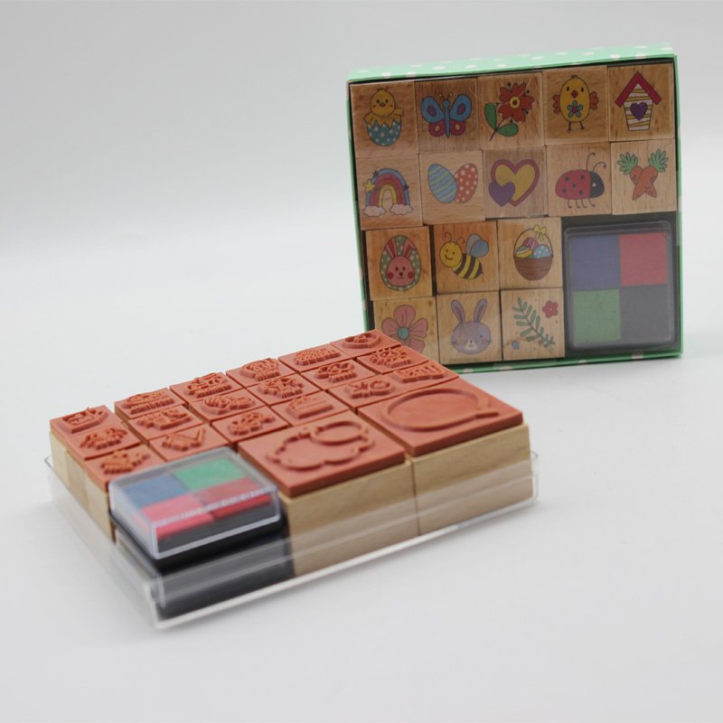 Weather and happy Stamps Wooden Stamp Set With 4+1 Colors Ink Pads for Girls and Boys Gift