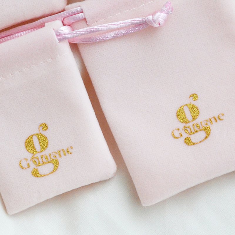 custom brand pink velvet drawstring pouch logo design felt jewellery bag with foil logo