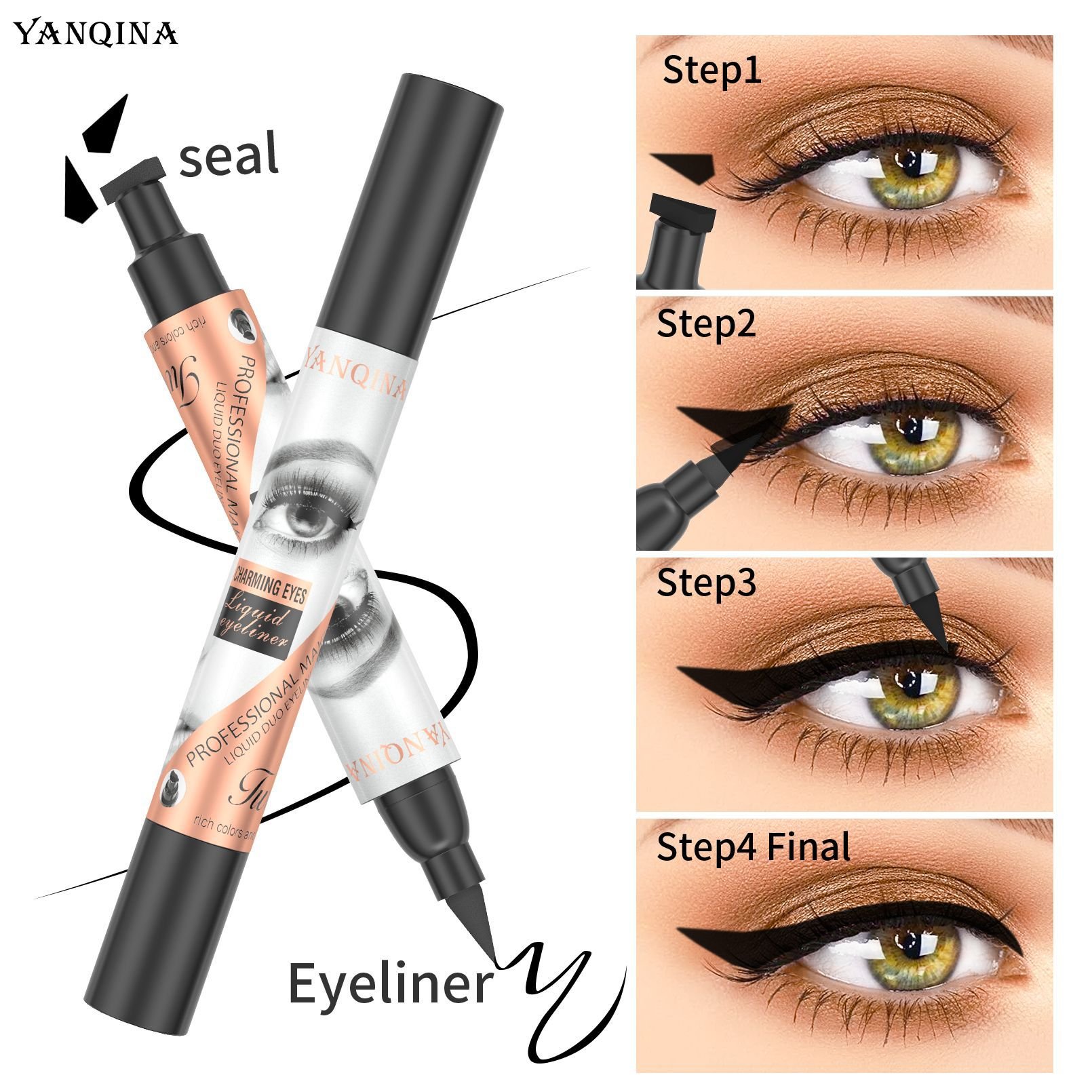 Waterproof Double Head Pigmented Eyeliner Wing Stamp Pen 2 In 1 Black Private Label 36h Makeup Liquid Eyeliner For Eye