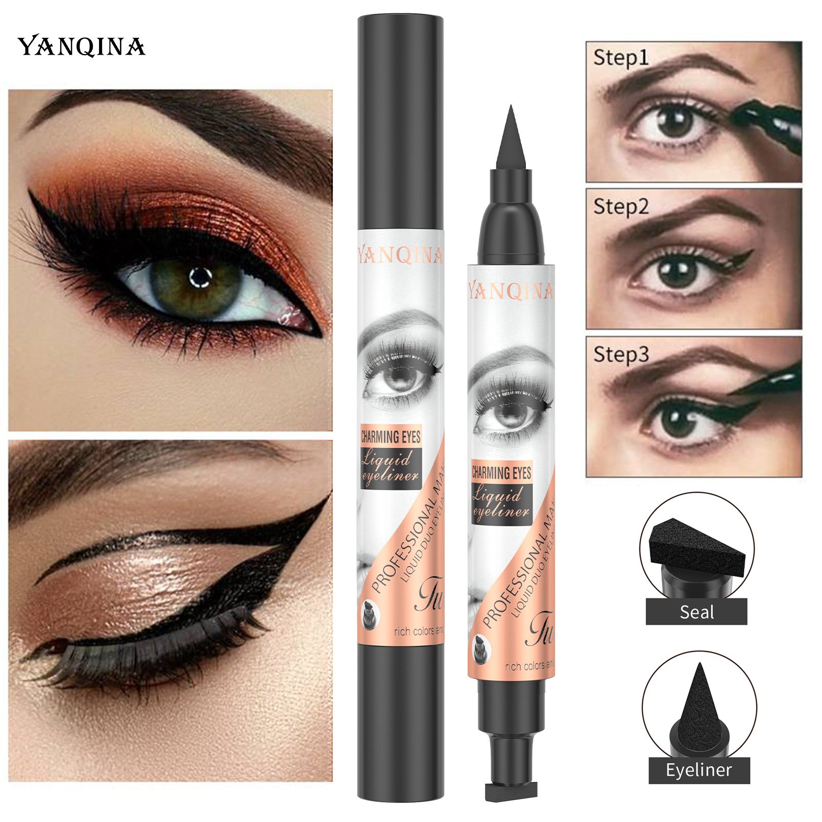 Waterproof Double Head Pigmented Eyeliner Wing Stamp Pen 2 In 1 Black Private Label 36h Makeup Liquid Eyeliner For Eye