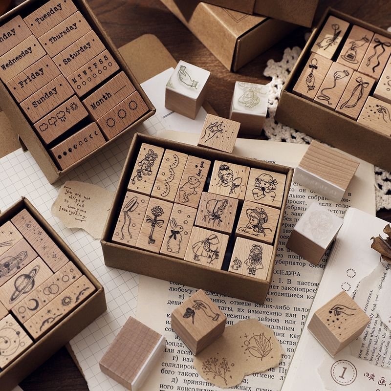Custom retro wooden hundred things collection seal set girl text time week handbook decoration material seal set