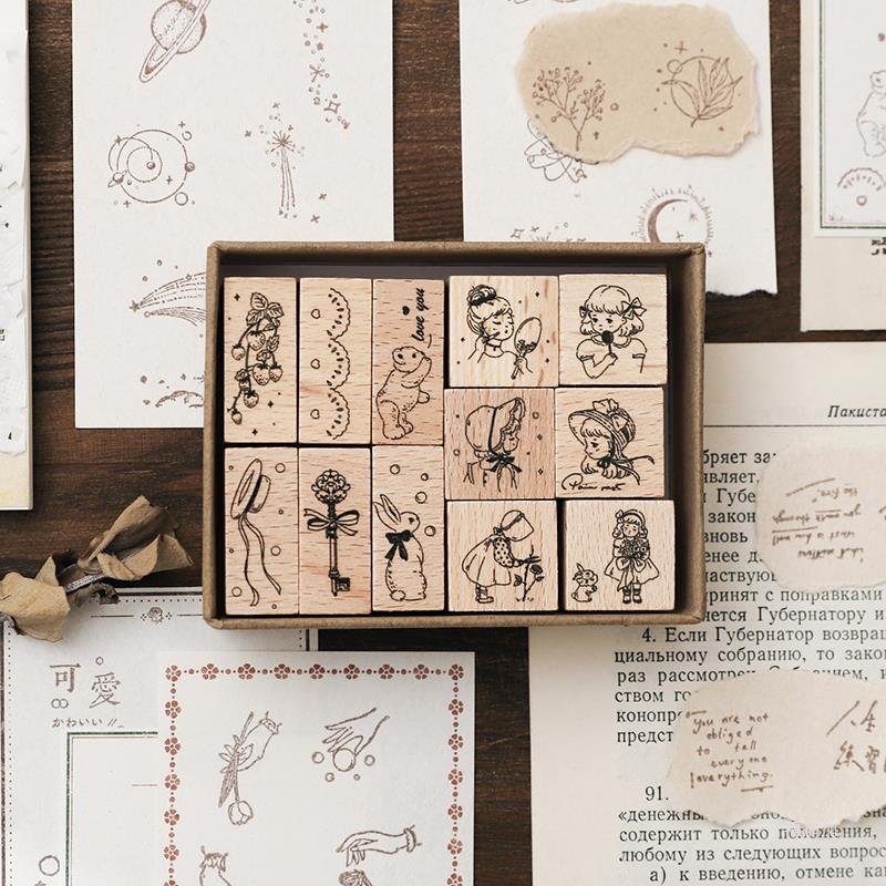 Custom retro wooden hundred things collection seal set girl text time week handbook decoration material seal set