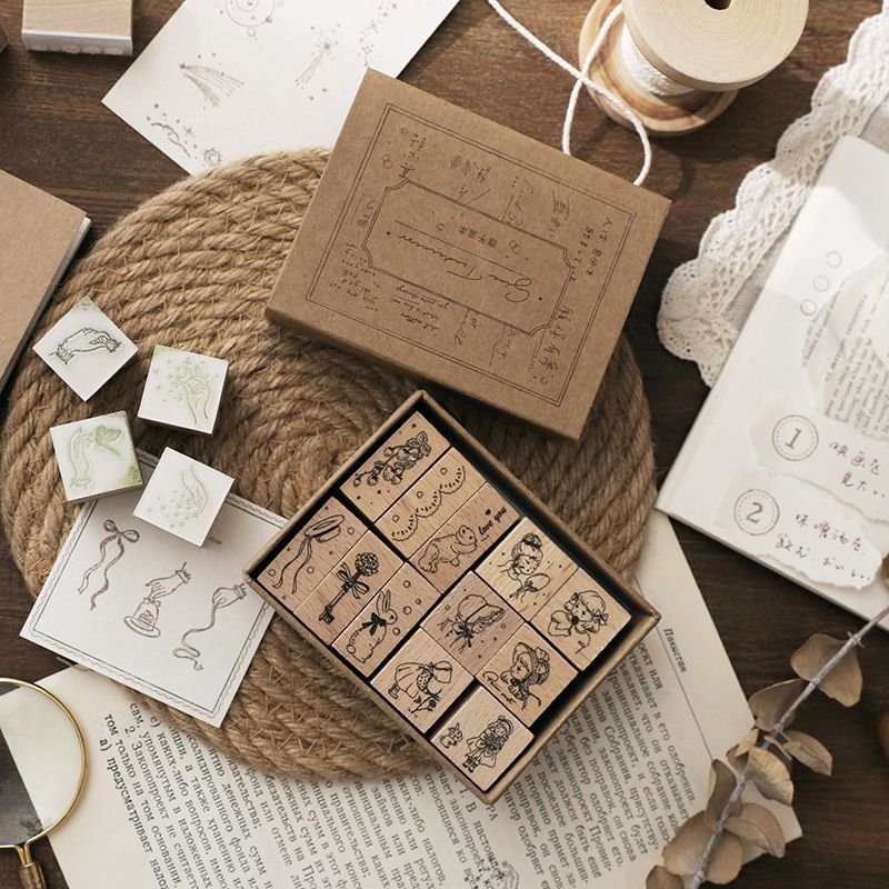 Custom retro wooden hundred things collection seal set girl text time week handbook decoration material seal set