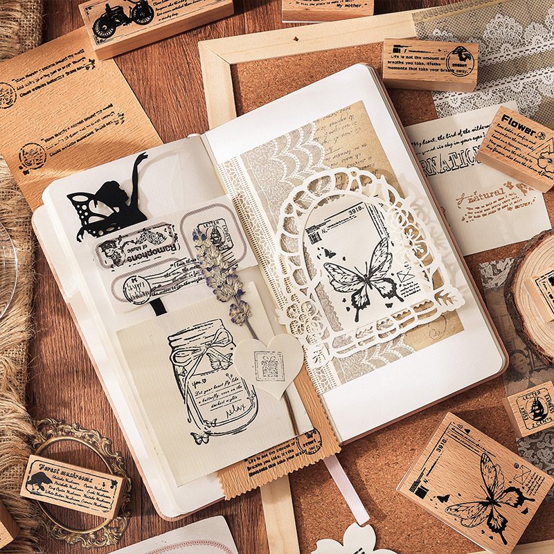 Wholesale creative retro cute Butterfly Vintage English rubber diary DIY decorative wooden stamp seal set