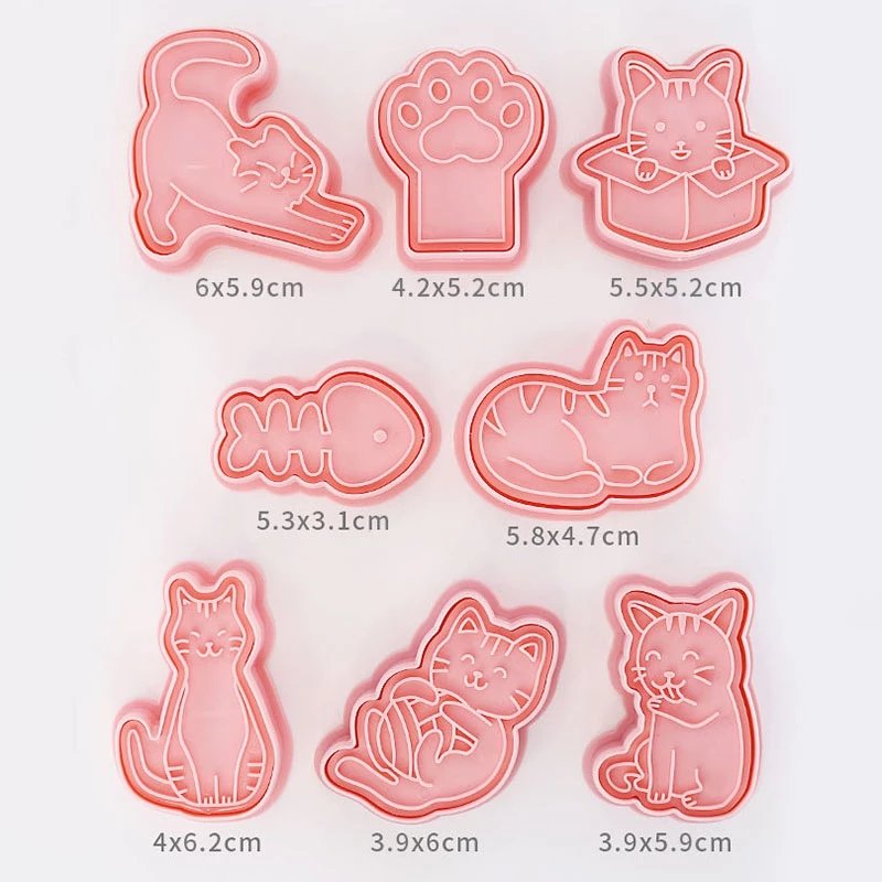 8Pcs Cat Cookie Mold Plastic 3D Cartoon Kittens Biscuit Cutting Mold Cookie Stamp Cat's Claw Fish Bone 3D Stereoscopic Press
