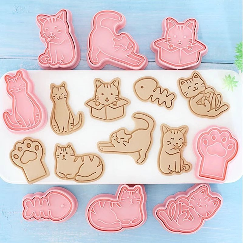 8Pcs Cat Cookie Mold Plastic 3D Cartoon Kittens Biscuit Cutting Mold Cookie Stamp Cat's Claw Fish Bone 3D Stereoscopic Press