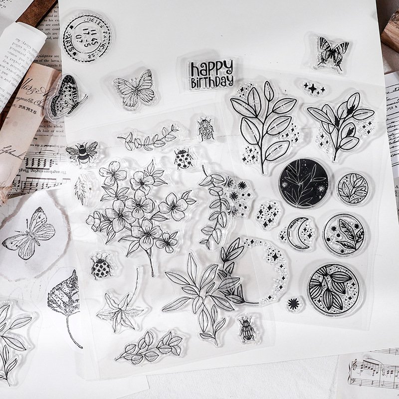 Transparent Stamp Retro Silicone Hand Account DIY Decorative Material Set English Digital Plant Postmark Stamp