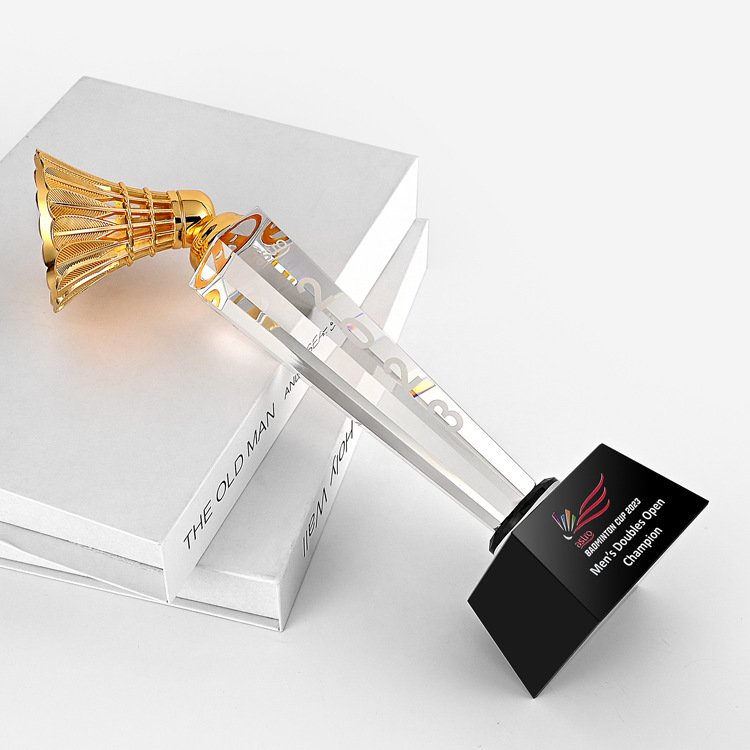 Custom K9 Glass Crystal 3D Shuttlecock trophy Awards personalized free engraved Badminton Trophy For school Sports Competition