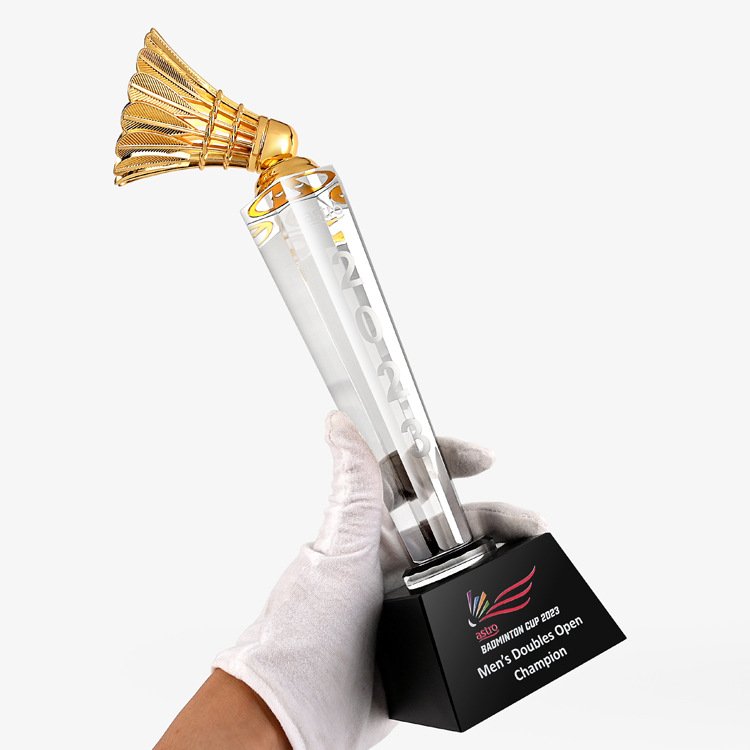Custom K9 Glass Crystal 3D Shuttlecock trophy Awards personalized free engraved Badminton Trophy For school Sports Competition