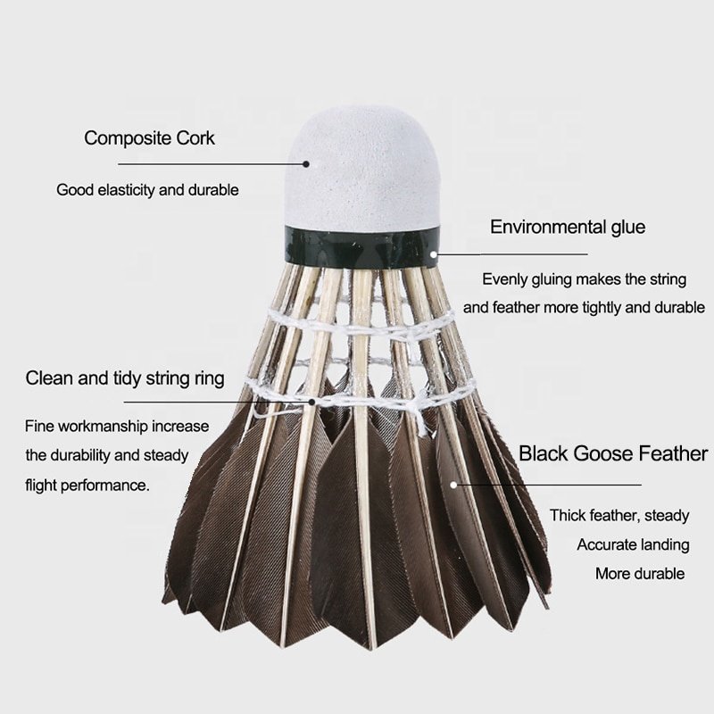 ALP 806 12pcs/Tube Shuttlecocks Black Goose Feather 76-77 Speed Badminton Ball Stable Flight Use For Badminton Training