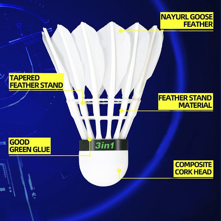 Hybrid 3 in 1 Good Quality 12pcs 2 layer PU cork 100% goose feather badminton federball for professional Tournament