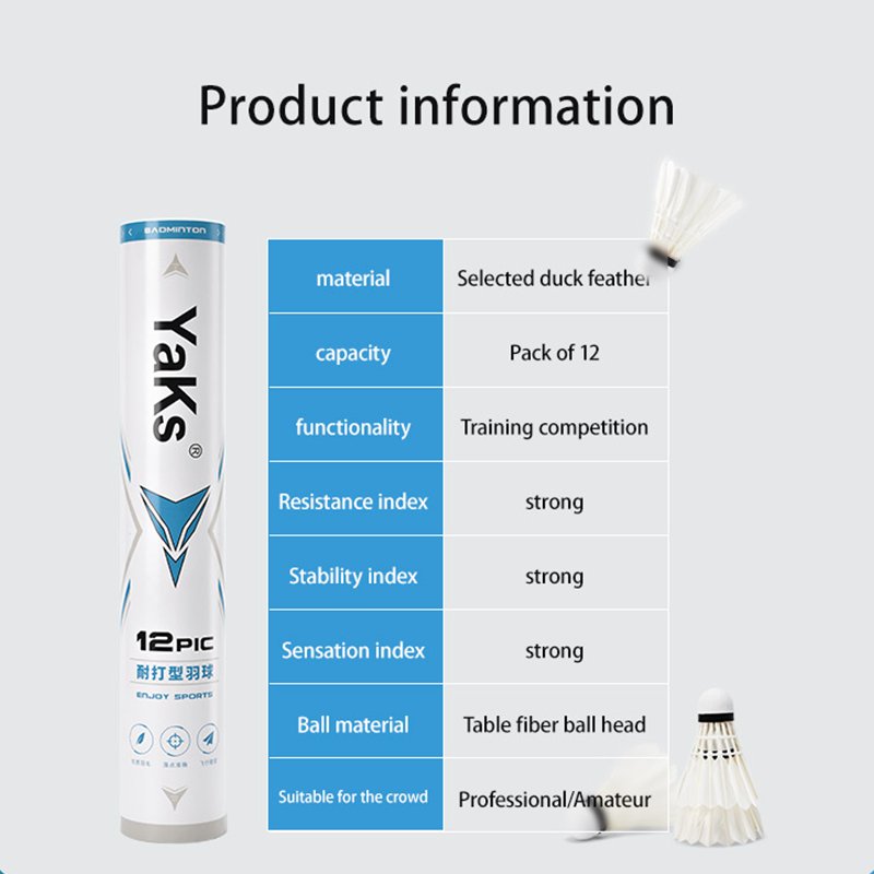 YAKS Professional Training Badminton Balls 12 Pieces Durable Goose Material Cork PU Head Not Easy Play Genuine Flagship Store