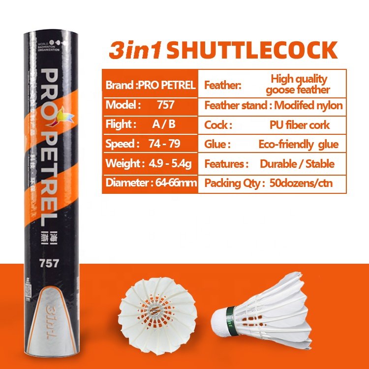 3in1 China original manufacturer wholesale badminton feather shuttlecock for Best seller in Asian market Pro Petrel 757